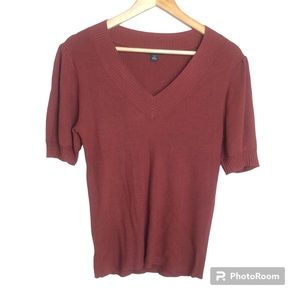 Ann Taylor Factory Womens Large Petite Ribbed Top Puff Sleeve Deep Red Burgundy